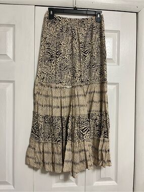 Tiered Animal-Print Maxi Skirt in Beige and Black